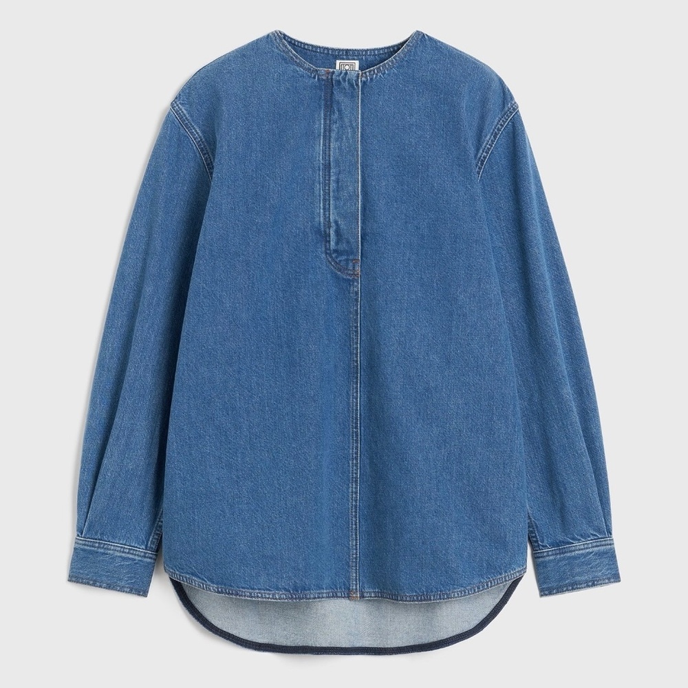 TOTEME Collarless Denim Shirt in Vibrant Blue Size 36